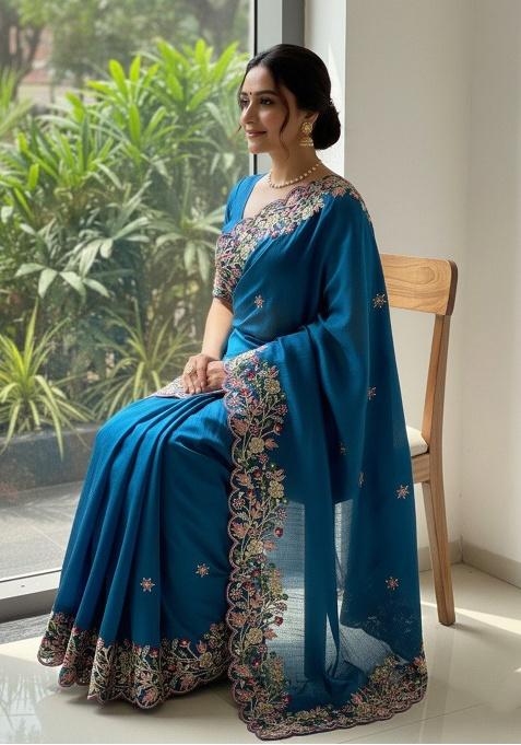 Teal Blue Embroidered Chiffon Saree Set