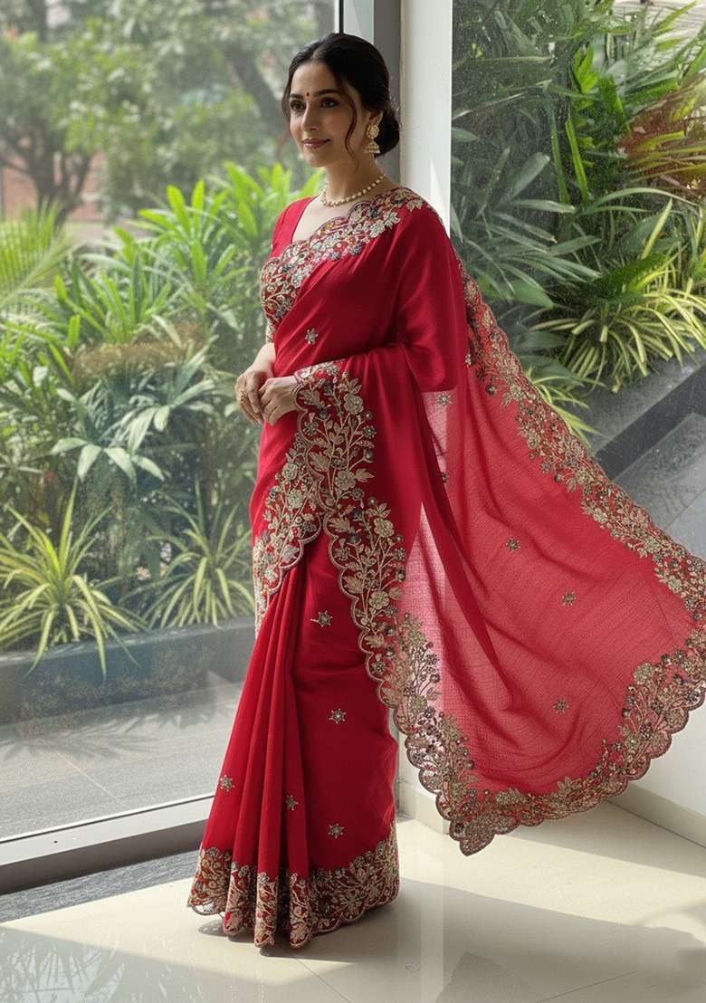 Red Chiffon Saree Set with Embroidered for Diwali | Wedding & Festive Wear - Indya