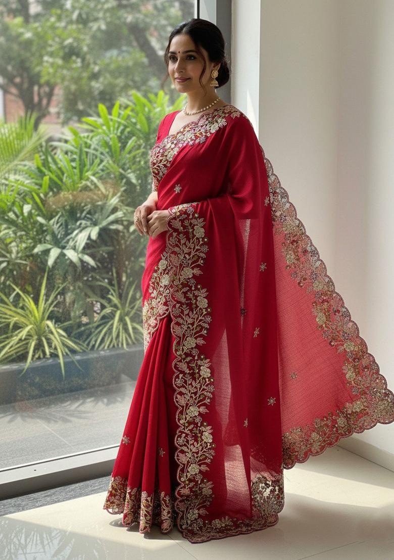 Red Embroidered Chiffon Saree Set - Indya