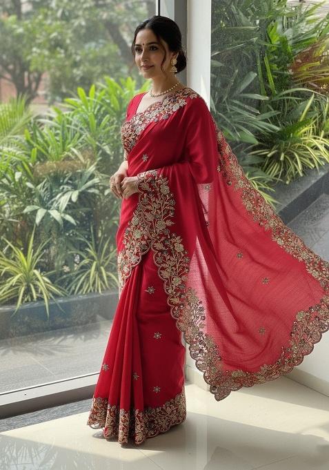 Red Embroidered Chiffon Saree Set
