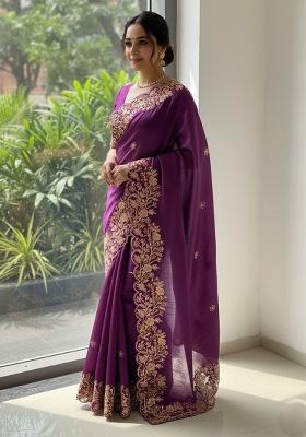 Wine Embroidered Chiffon Saree Set