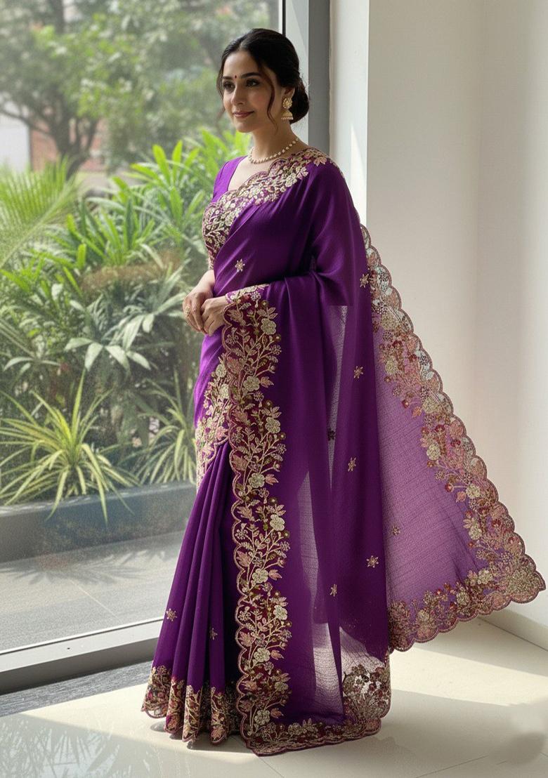 Wine Embroidered Chiffon Saree Set - Indya