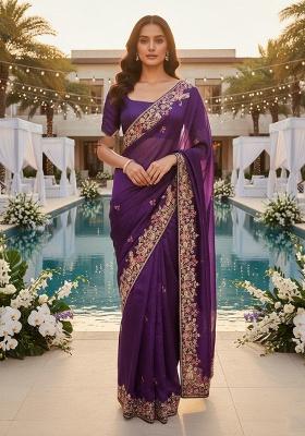 Purple Embroidered Zimmy Chu Saree Set