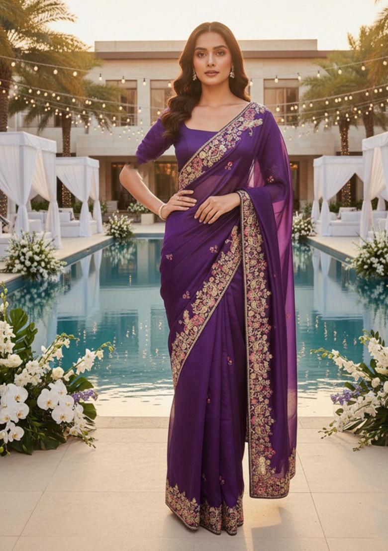 Purple Embroidered Zimmy Chu Saree Set - Indya