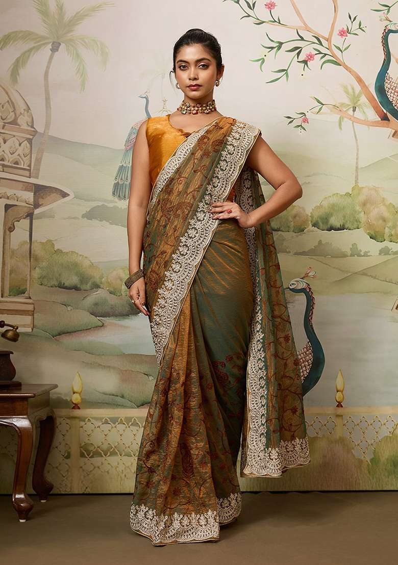 Brown Embroidered Net Saree Set for Diwali and Festive Wear - Indya