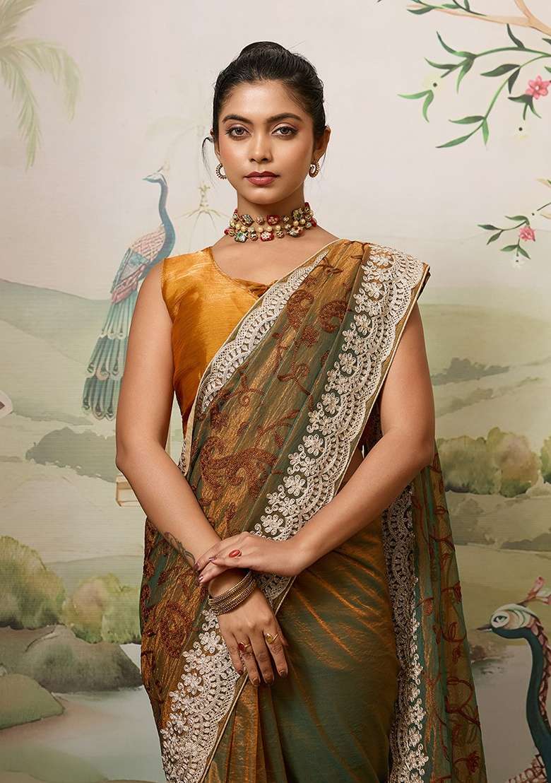 Brown Embroidered Net Saree Set for Diwali and Festive Wear - Indya