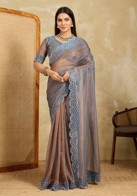 Brown Embroidered Net Saree Set