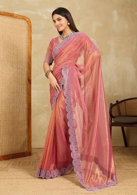 Peach Embroidered Net Saree Set