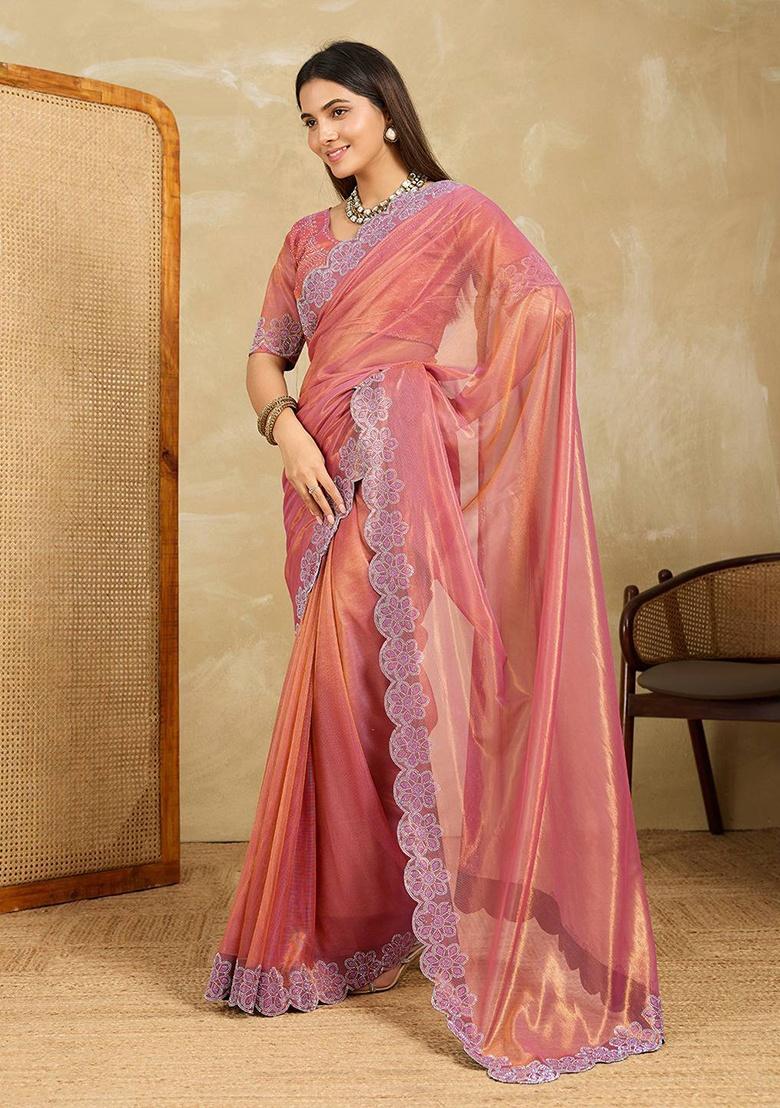 Peach Embroidered Net Saree Set - Indya