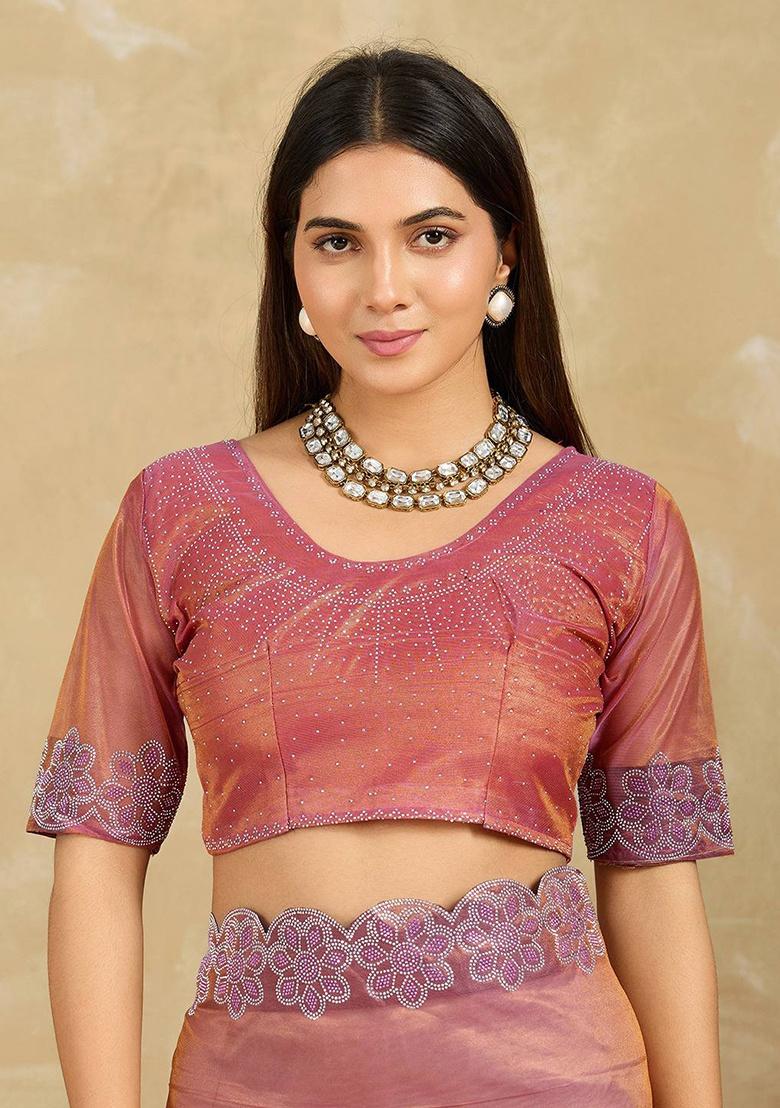 Peach Embroidered Net Saree Set - Indya