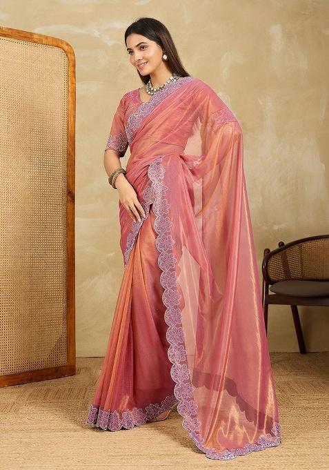 Peach Embroidered Net Saree Set