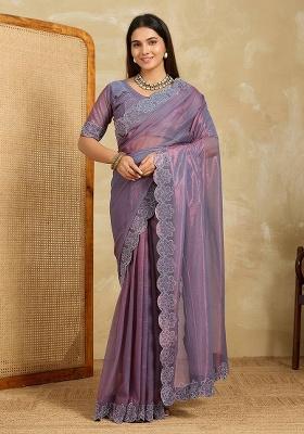 Purple Embroidered Net Saree Set