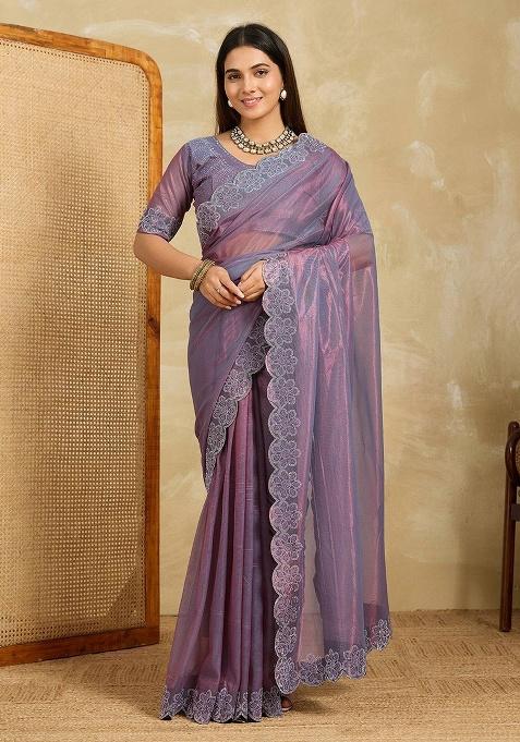 Purple Embroidered Net Saree Set