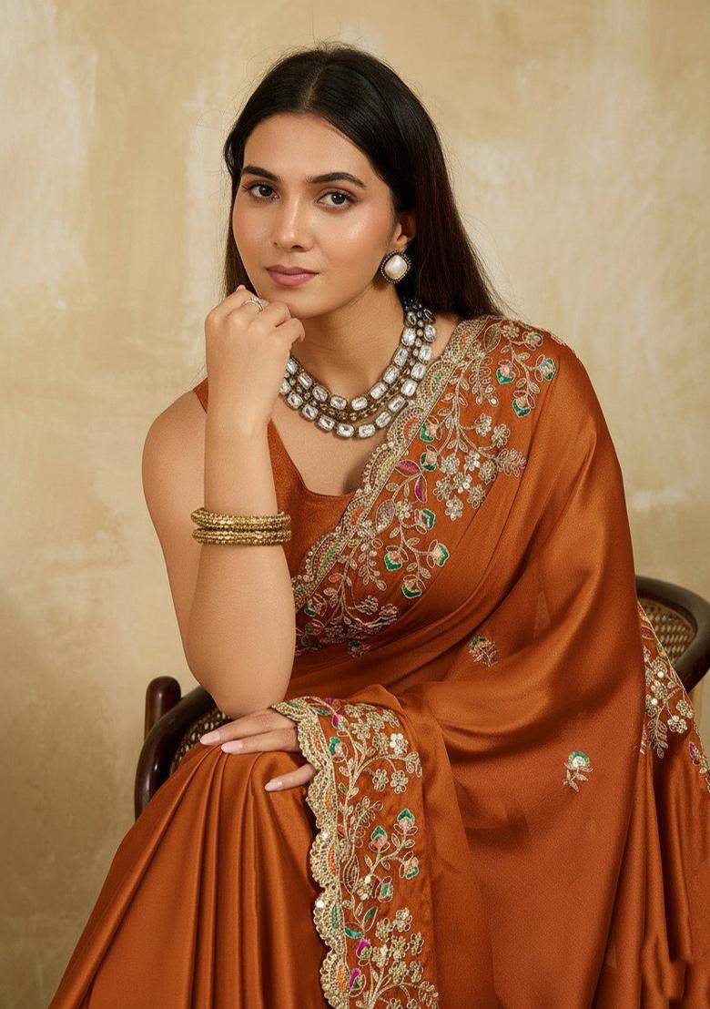 Orange Embroidered Silk Saree Set - Indya