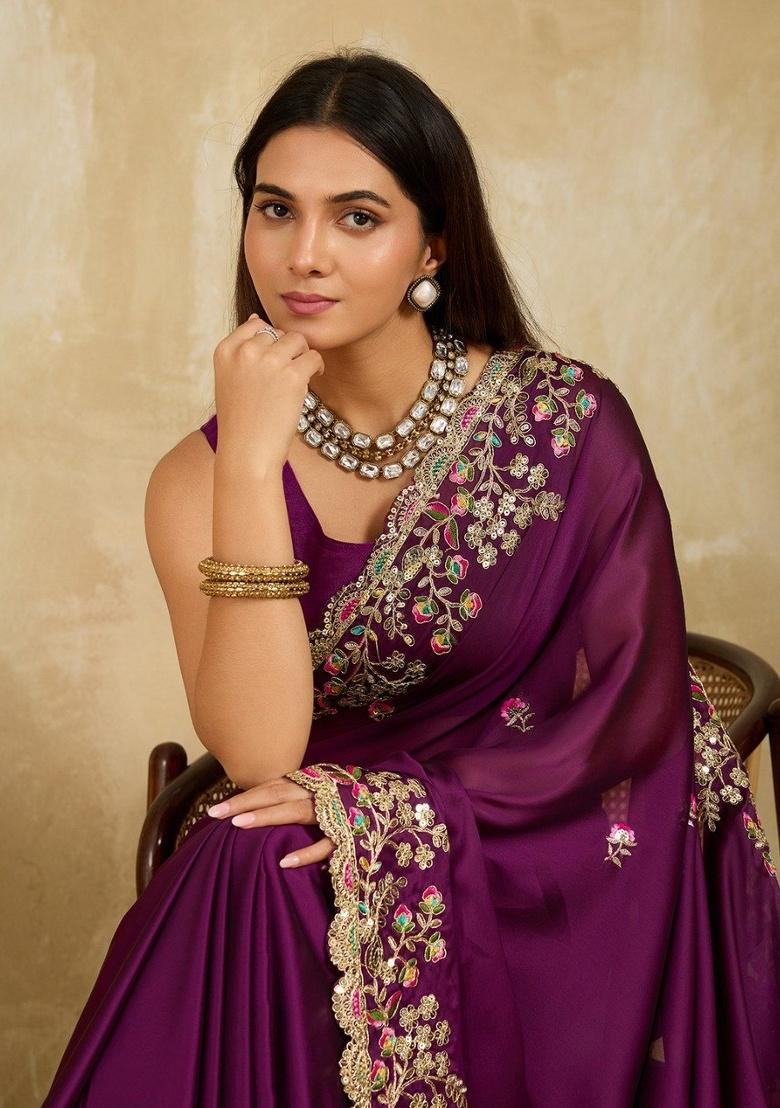 Wine Embroidered Silk Saree Set - Indya