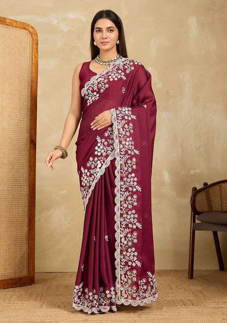 Maroon Silk Blend Saree Set with Embroidered for Diwali | Wedding & Festive Wear - Indya