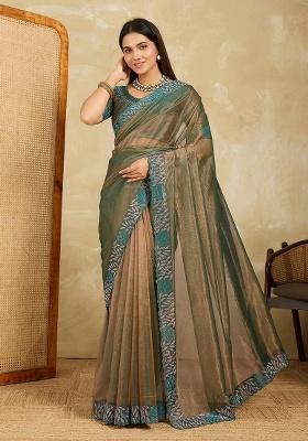 Green Embroidered Net Saree Set