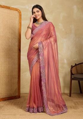 Peach Embroidered Net Saree Set