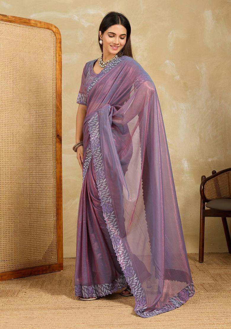 Purple Embroidered Net Saree Set - Indya