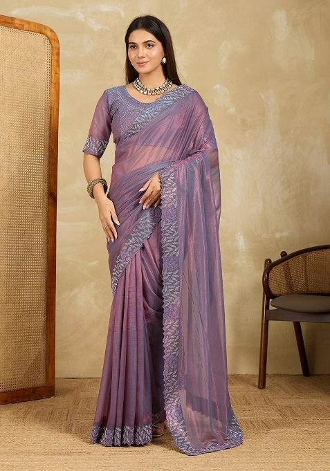 Purple Embroidered Net Saree Set