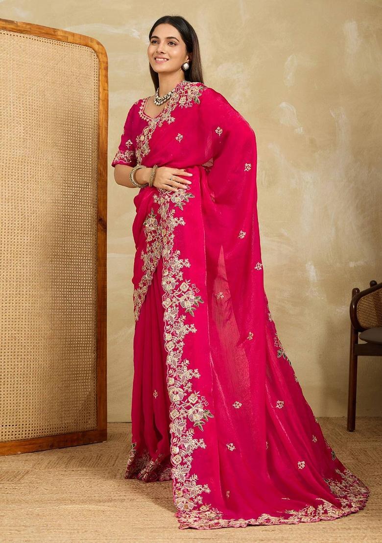 Magenta Embroidered Chiffon Saree Set - Indya