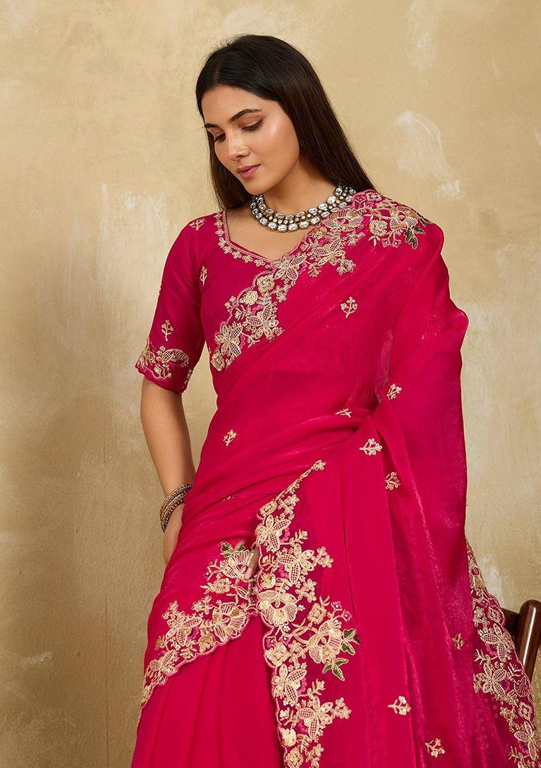 Magenta Embroidered Chiffon Saree Set - Indya