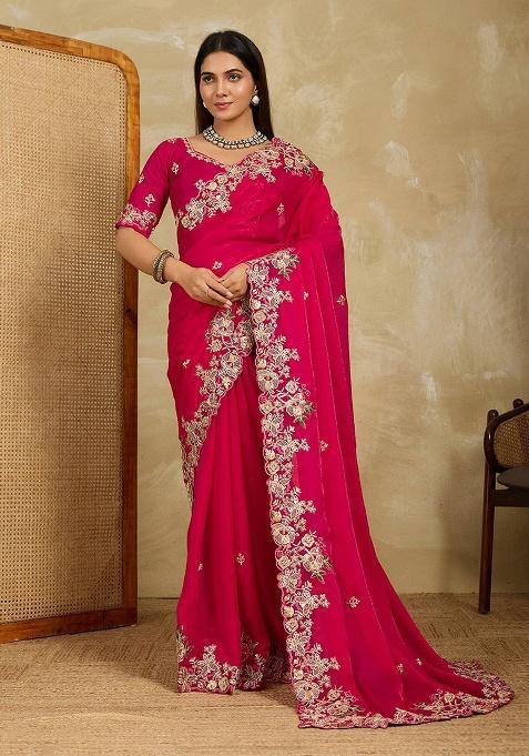 Magenta Embroidered Chiffon Saree Set