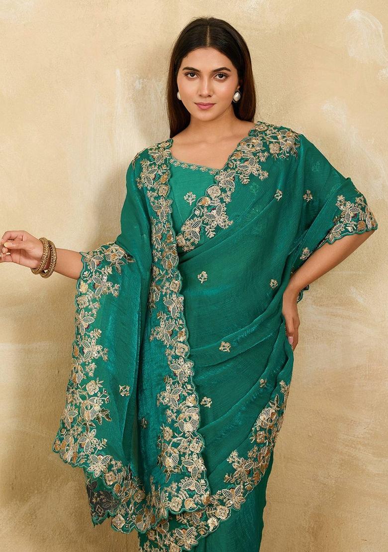 C Green Embroidered Chiffon Saree Set - Indya