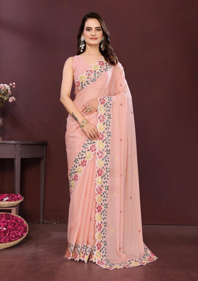 Pink Embroidered Georgette Saree Set