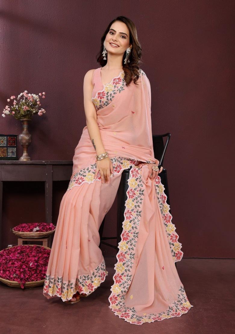 Pink Embroidered Georgette Saree Set - Indya