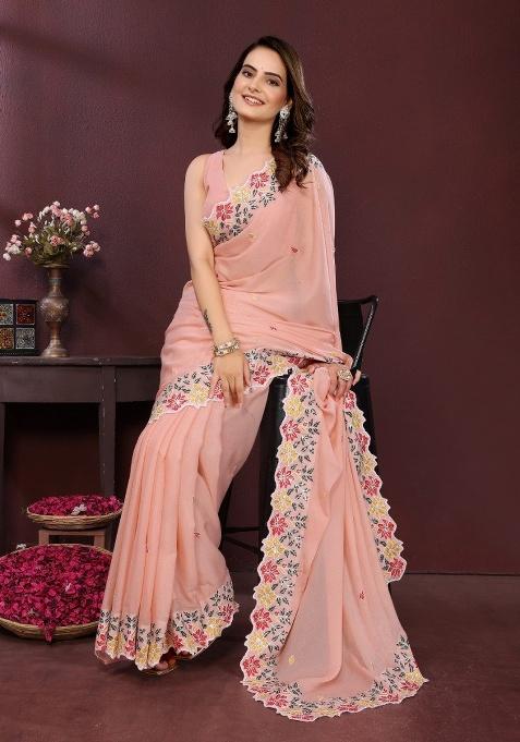 Pink Embroidered Georgette Saree Set