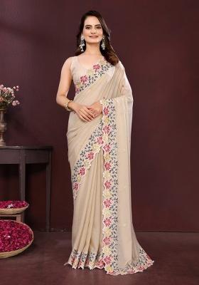 Cream Embroidered Georgette Saree Set