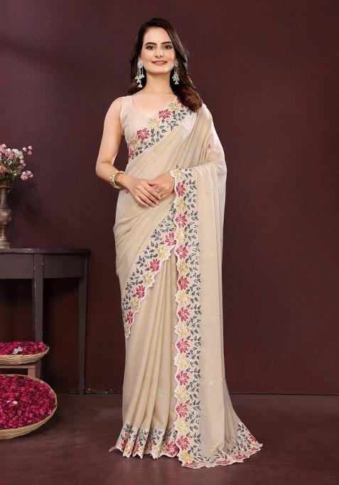 Cream Embroidered Georgette Saree Set