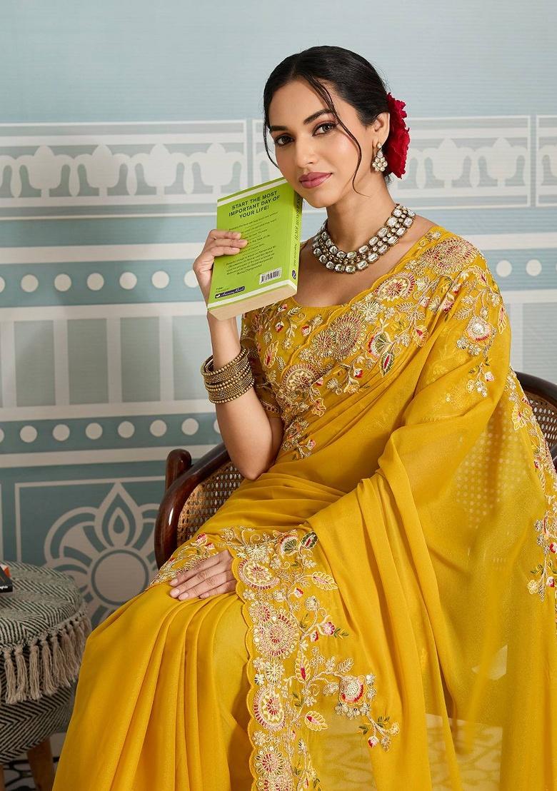 Yellow Embroidered Georgette Saree Set - Indya