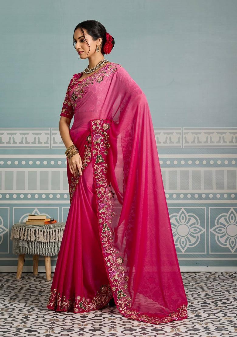 Pink Embroidered Georgette Saree Set - Indya