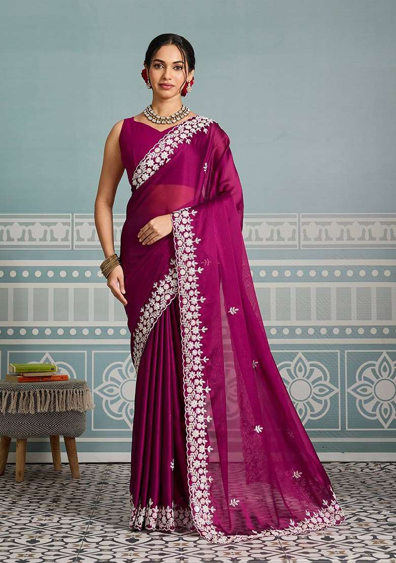 Wine Silk Blend Saree Set with Embroidered for Diwali | Wedding & Festive Wear - Indya