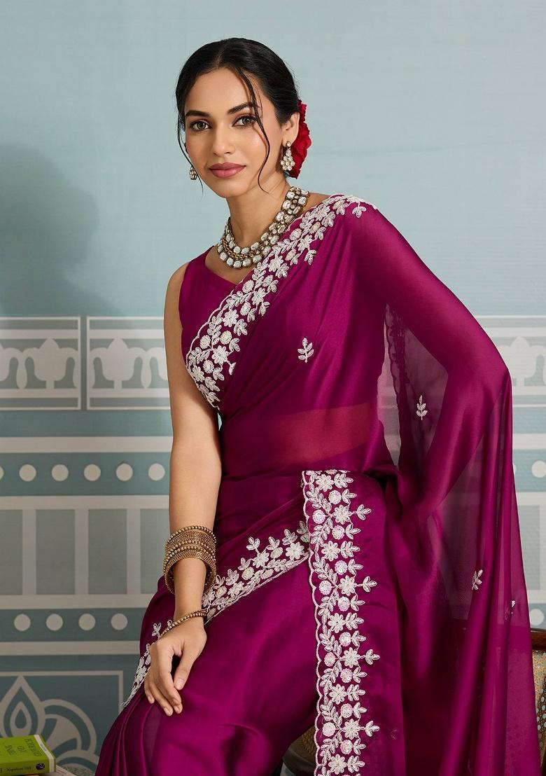 Wine Embroidered Silk Saree Set - Indya