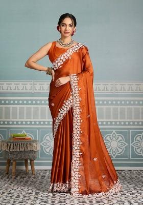 Orange Embroidered Silk Saree Set
