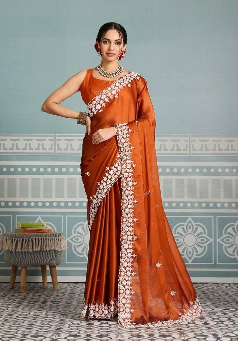 Orange Embroidered Silk Saree Set