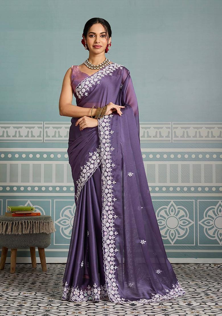 Lavender Embroidered Silk Saree Set