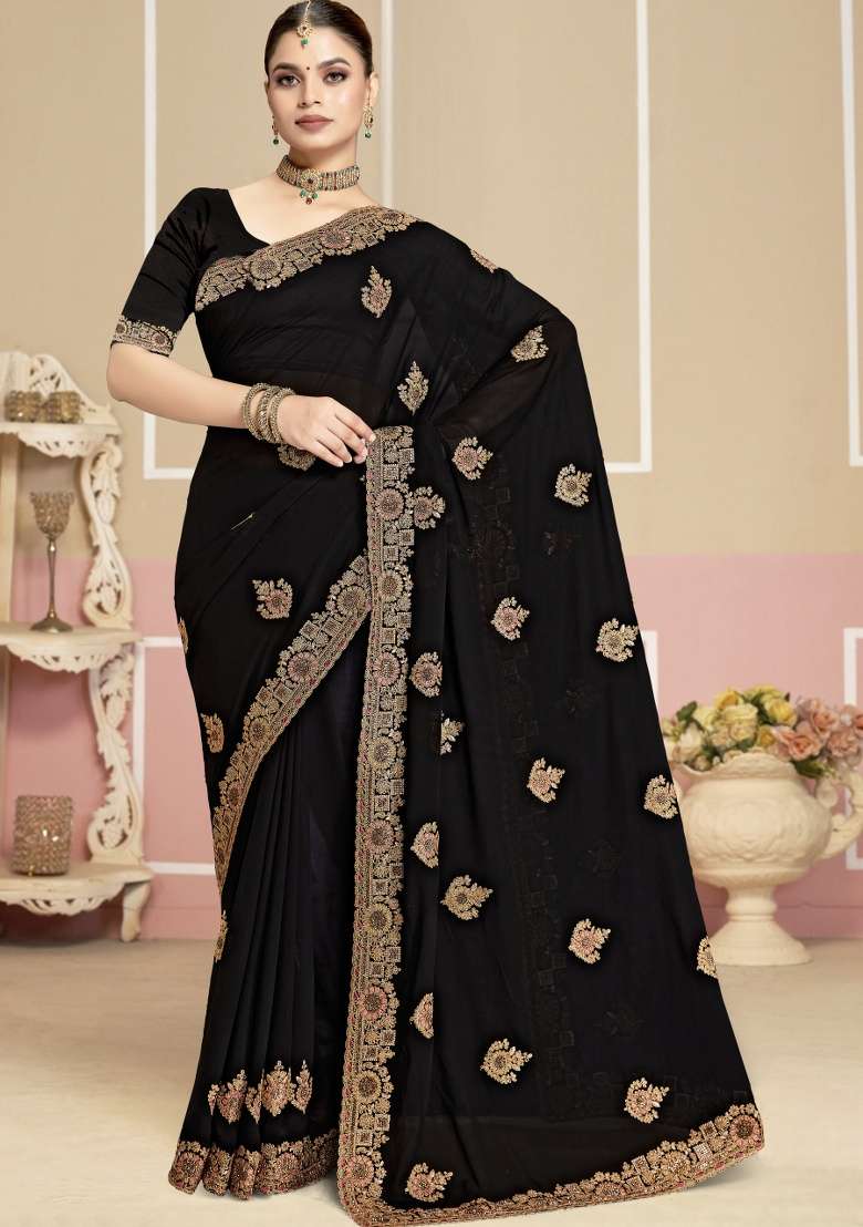 Black Work Georgette Saree Set with Embroidery for Diwali | Wedding & Festive Wear - Indya