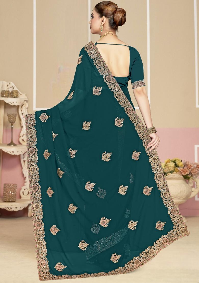 Blue Embroidery Work Georgette Saree Set - Indya