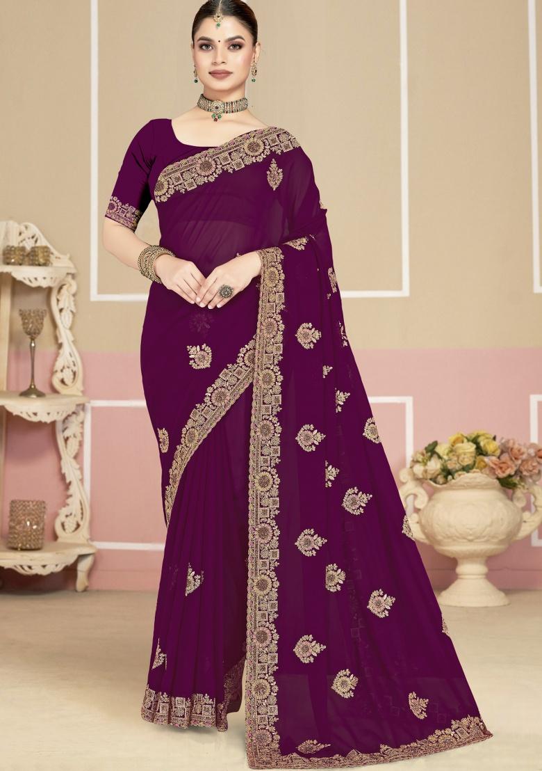 Wine Embroidery Work Georgette Saree Set