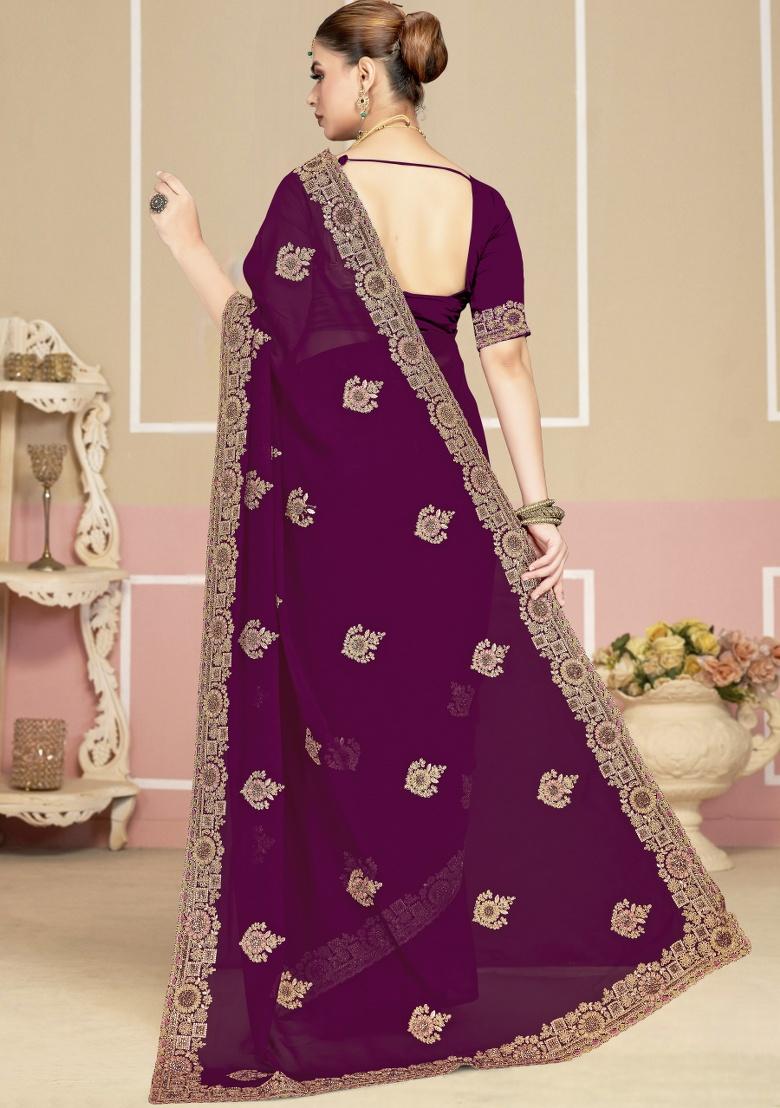 Wine Embroidery Work Georgette Saree Set - Indya
