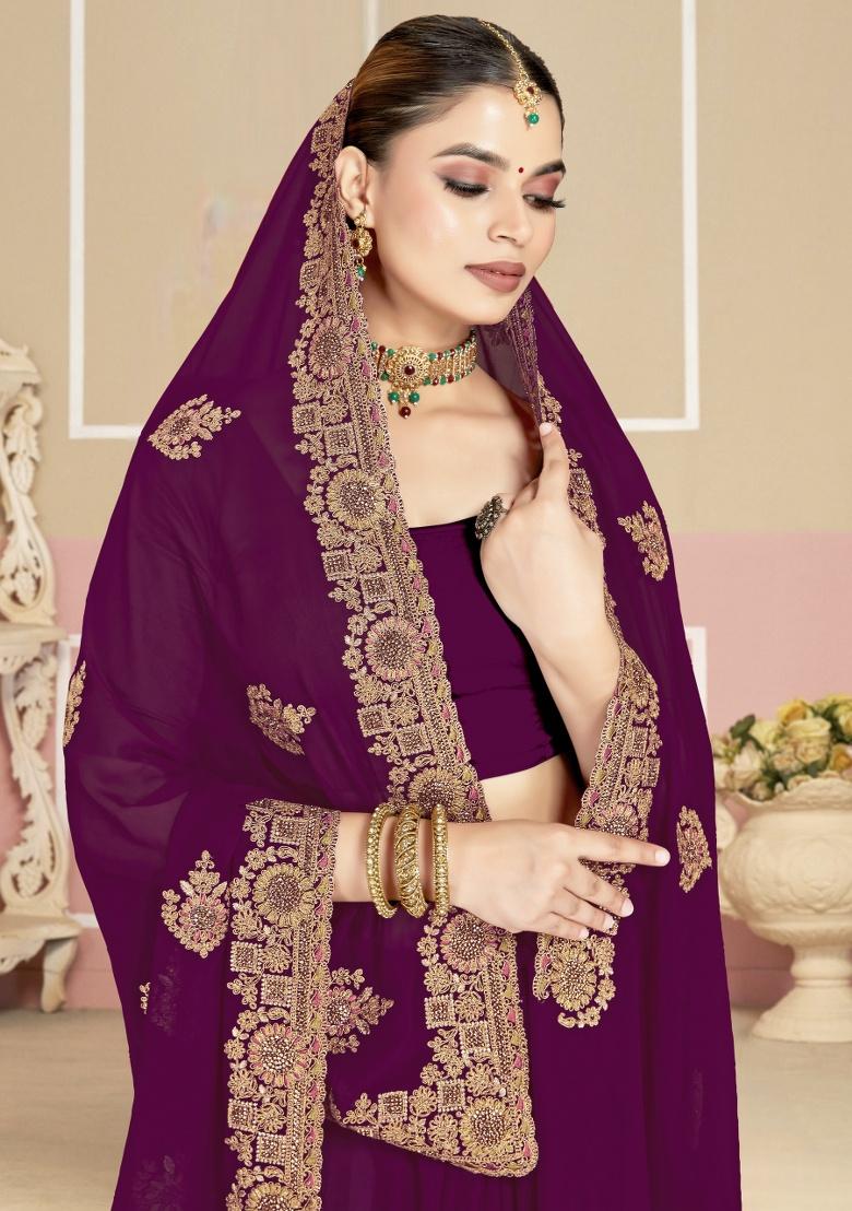 Wine Embroidery Work Georgette Saree Set
