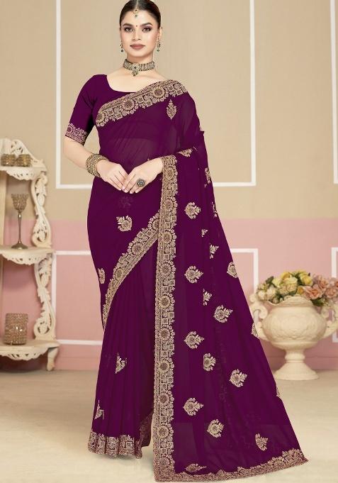 Wine Embroidery Work Georgette Saree Set