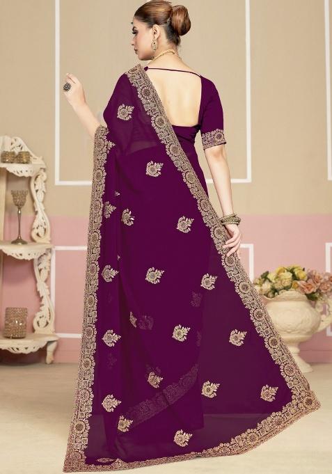 Wine Embroidery Work Georgette Saree Set