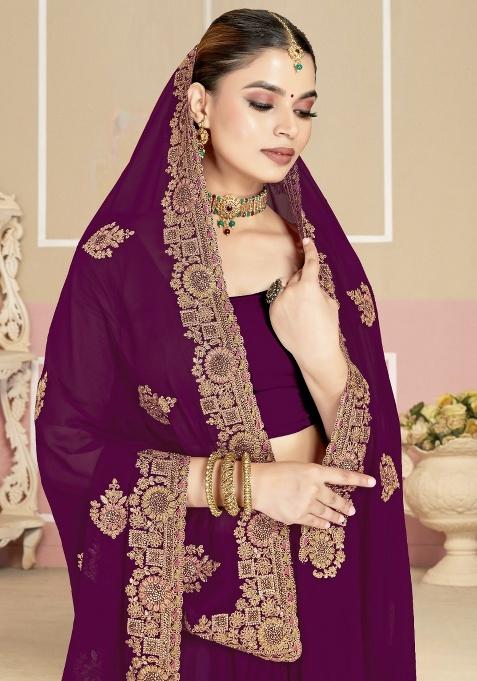 Wine Embroidery Work Georgette Saree Set