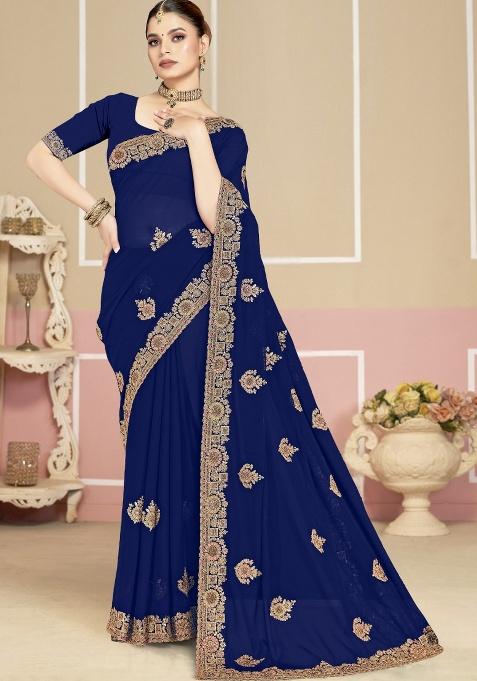 Navy Embroidery Work Georgette Saree Set