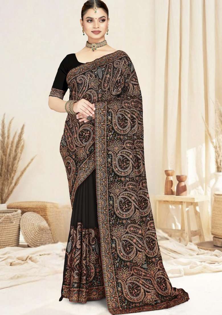 Black Embroidery Work Georgette Saree Set for Diwali and Festive Wear - Indya